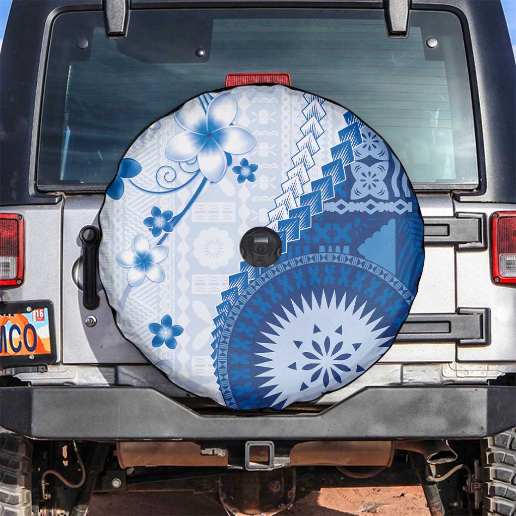 Bula Fiji Spare Tire Cover Blue Plumeria Masi Tapa Pattern - Polynesian Pride