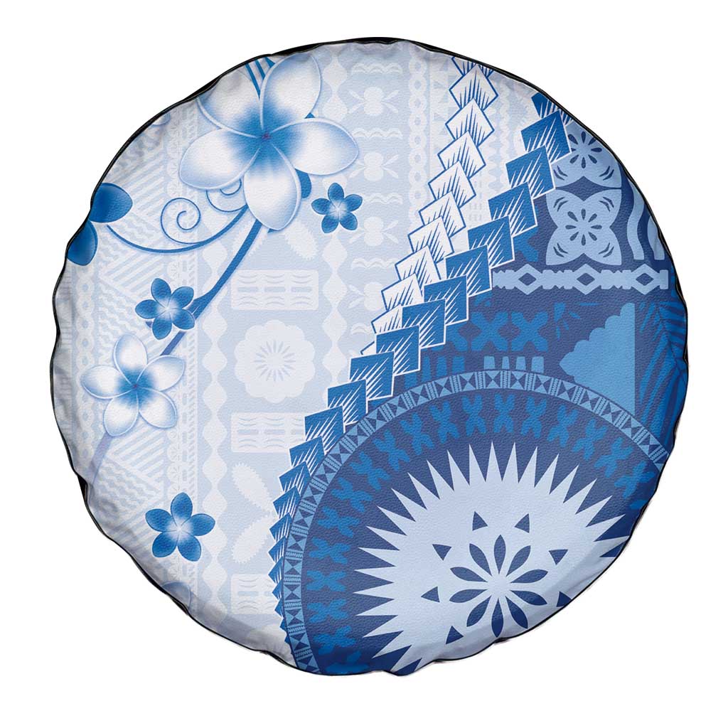 Bula Fiji Spare Tire Cover Blue Plumeria Masi Tapa Pattern - Polynesian Pride