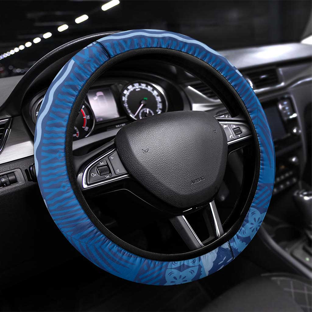 Bula Fiji Steering Wheel Cover Blue Plumeria Masi Tapa Pattern - Polynesian Pride