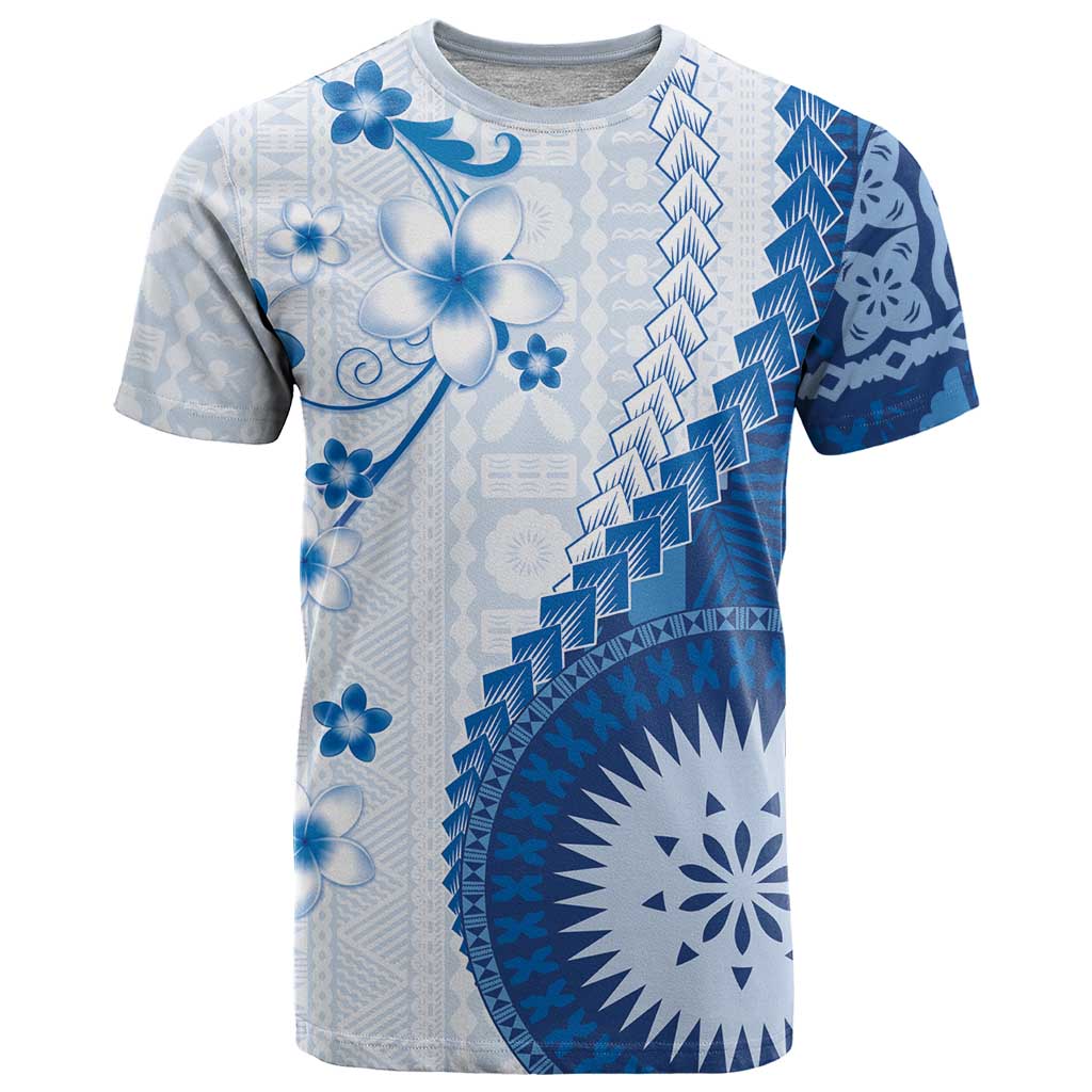 Bula Fiji T Shirt Blue Plumeria Masi Tapa Pattern - Polynesian Pride