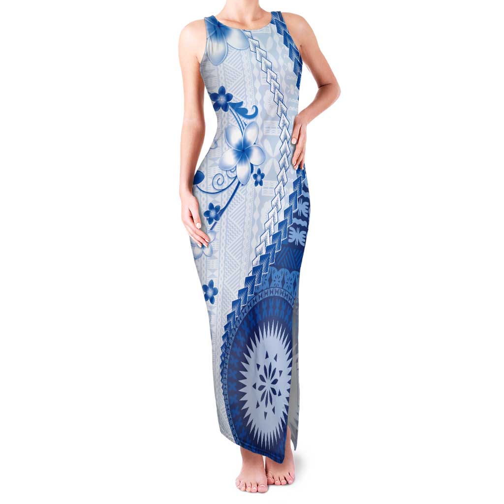 Bula Fiji Tank Maxi Dress Blue Plumeria Masi Tapa Pattern - Polynesian Pride