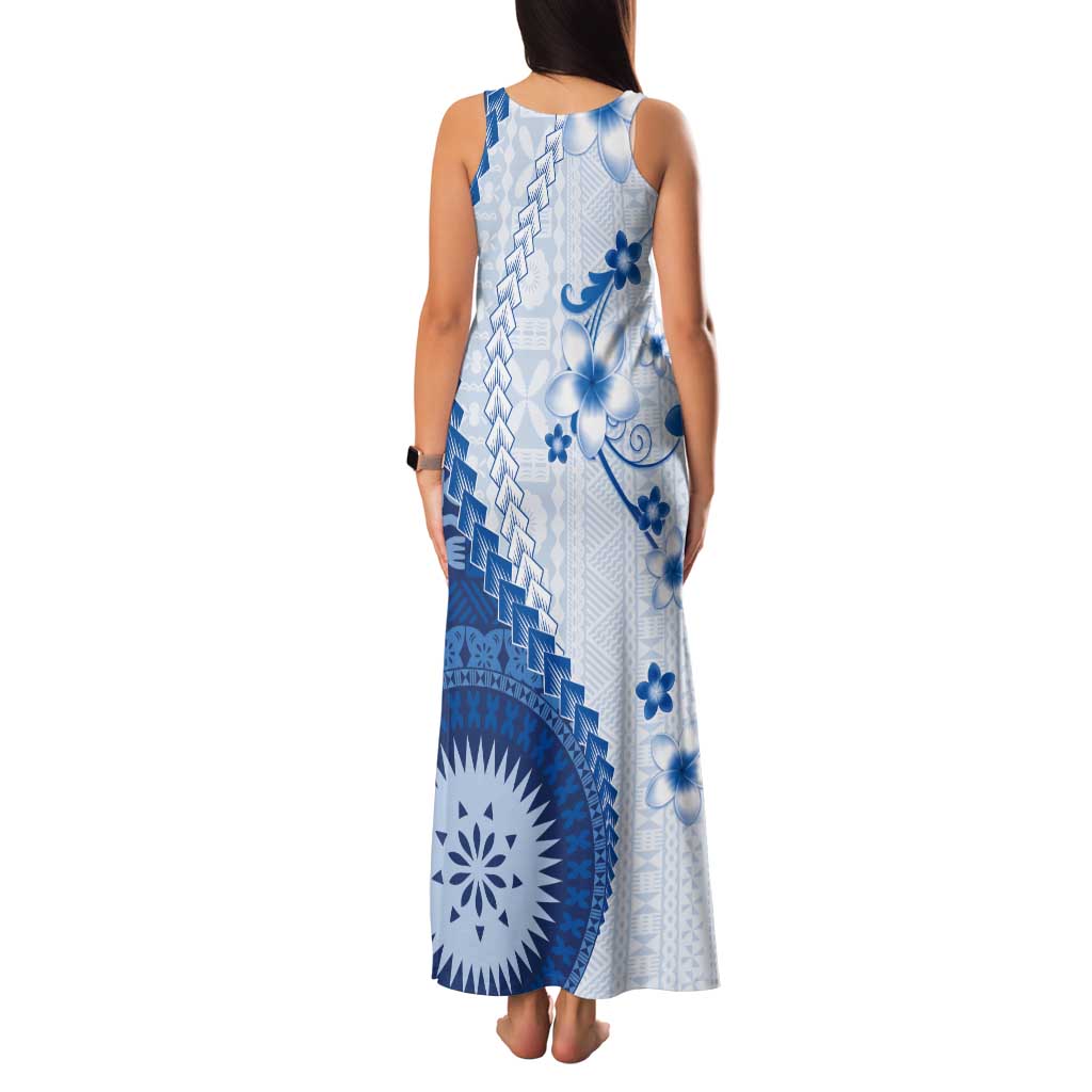 Bula Fiji Tank Maxi Dress Blue Plumeria Masi Tapa Pattern - Polynesian Pride