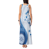 Bula Fiji Tank Maxi Dress Blue Plumeria Masi Tapa Pattern - Polynesian Pride
