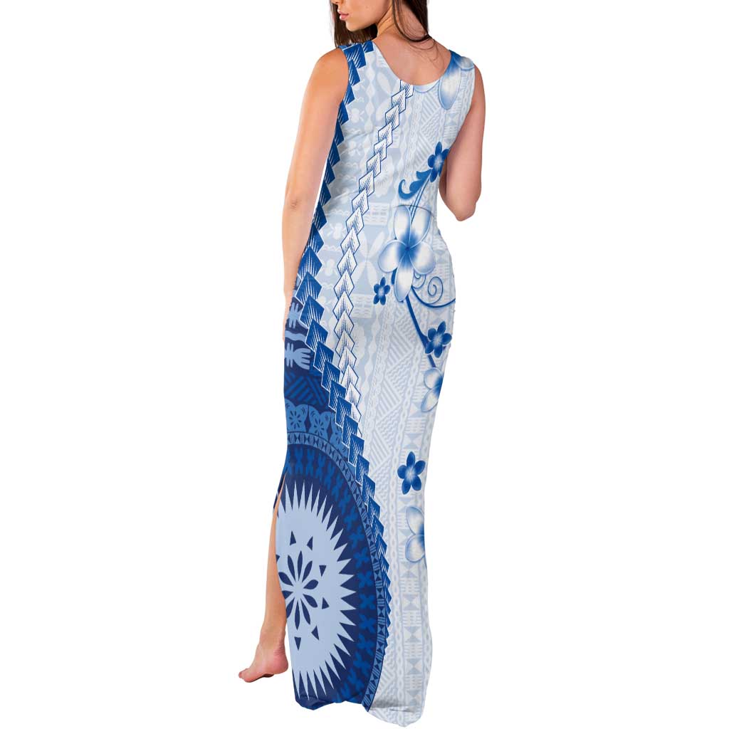 Bula Fiji Tank Maxi Dress Blue Plumeria Masi Tapa Pattern - Polynesian Pride