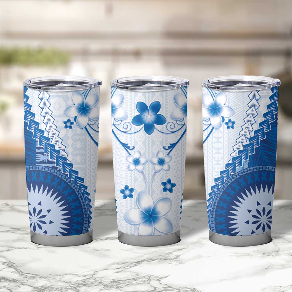 Bula Fiji Tumbler Cup Blue Plumeria Masi Tapa Pattern - Polynesian Pride