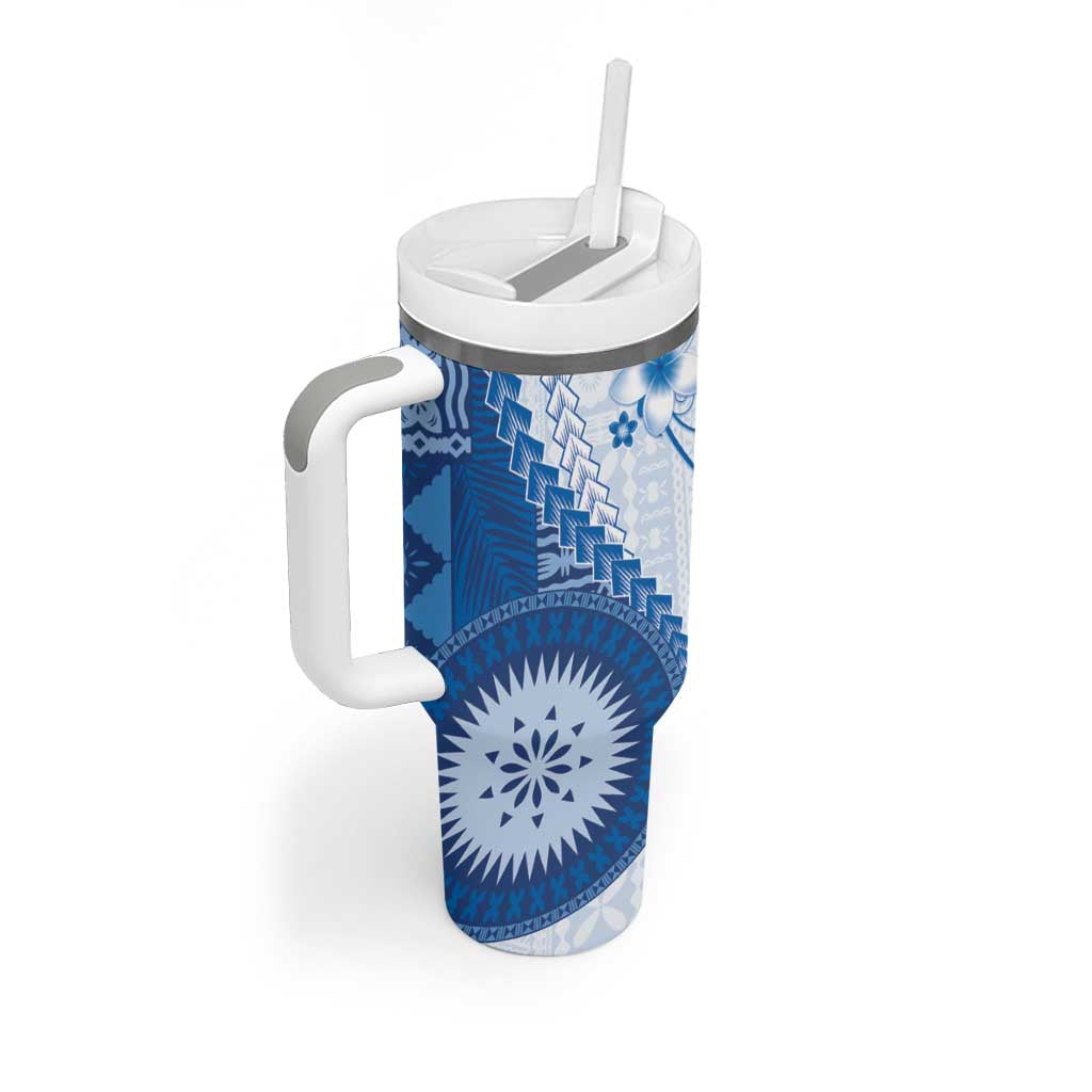 Bula Fiji Tumbler With Handle Blue Plumeria Masi Tapa Pattern - Polynesian Pride