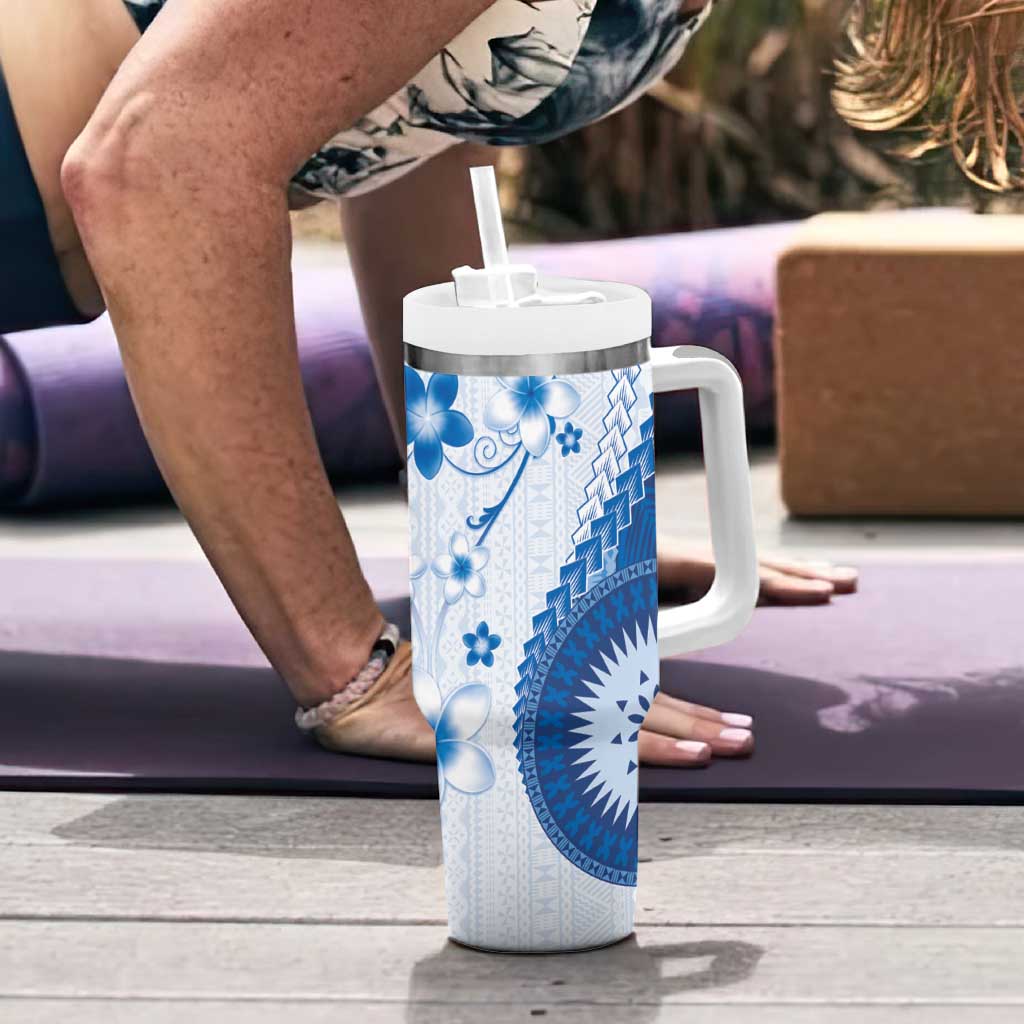 Bula Fiji Tumbler With Handle Blue Plumeria Masi Tapa Pattern - Polynesian Pride