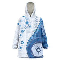 Bula Fiji Wearable Blanket Hoodie Blue Plumeria Masi Tapa Pattern - Polynesian Pride