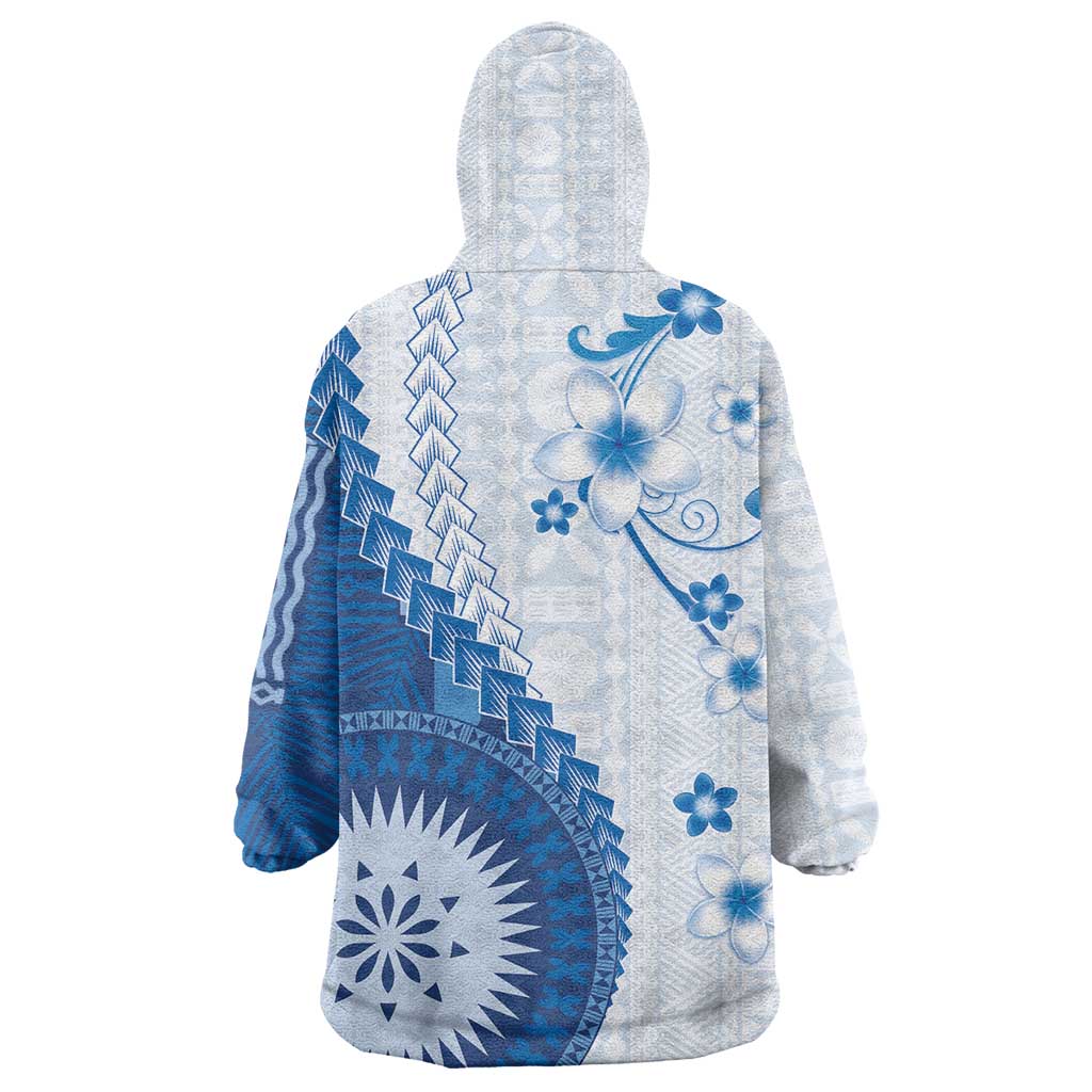 Bula Fiji Wearable Blanket Hoodie Blue Plumeria Masi Tapa Pattern - Polynesian Pride