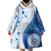 Bula Fiji Wearable Blanket Hoodie Blue Plumeria Masi Tapa Pattern - Polynesian Pride