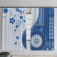 Bula Fiji Window Curtain Blue Plumeria Masi Tapa Pattern - Polynesian Pride