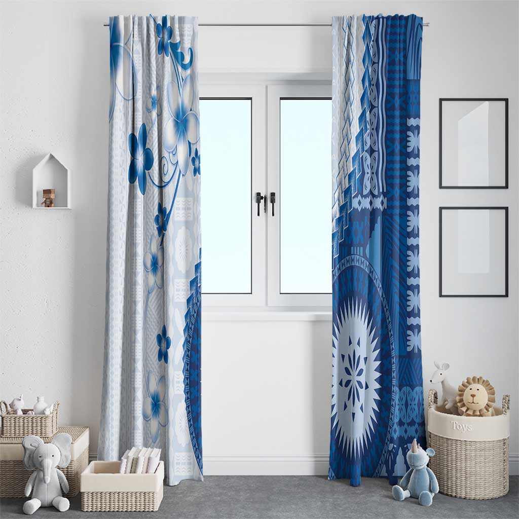 Bula Fiji Window Curtain Blue Plumeria Masi Tapa Pattern - Polynesian Pride