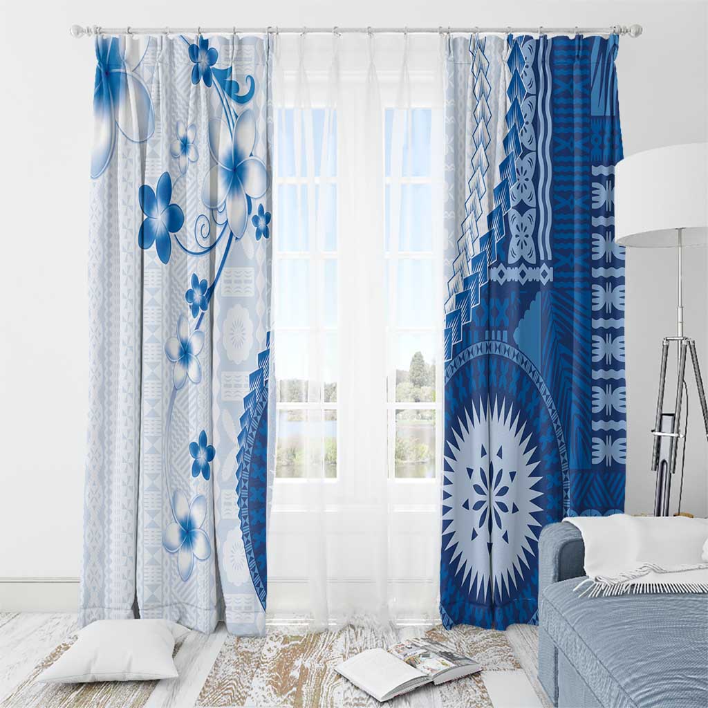 Bula Fiji Window Curtain Blue Plumeria Masi Tapa Pattern - Polynesian Pride