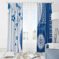 Bula Fiji Window Curtain Blue Plumeria Masi Tapa Pattern - Polynesian Pride