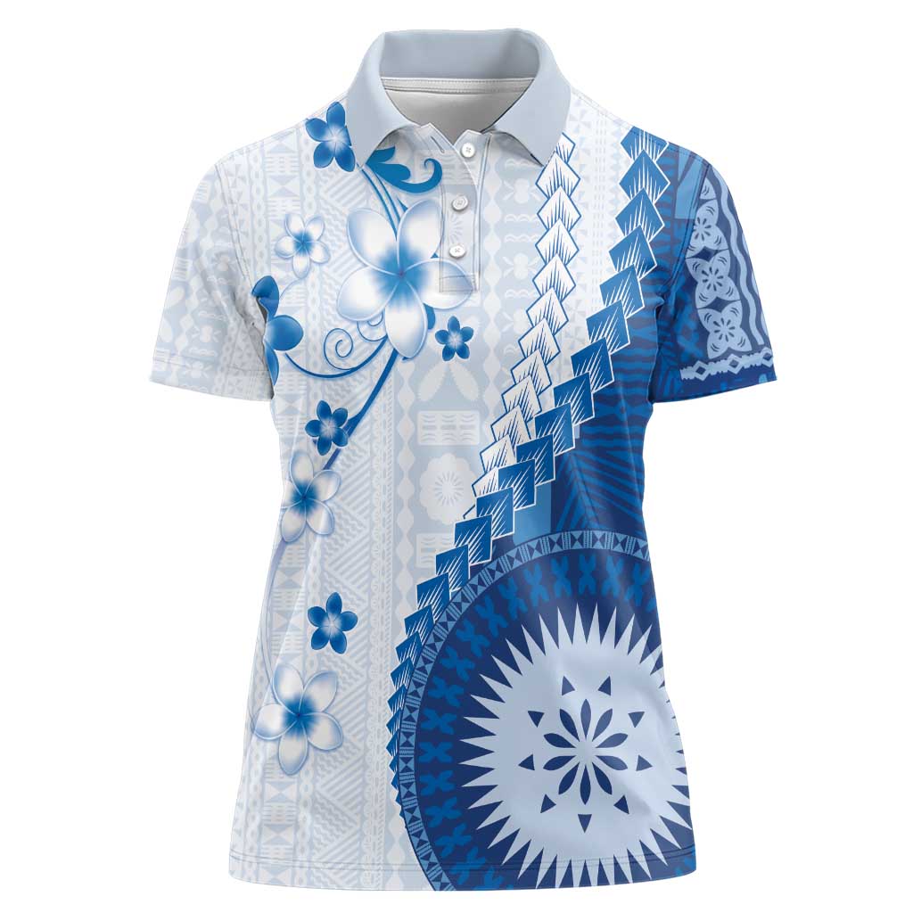 Bula Fiji Women Polo Shirt Blue Plumeria Masi Tapa Pattern - Polynesian Pride