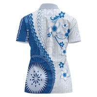 Bula Fiji Women Polo Shirt Blue Plumeria Masi Tapa Pattern - Polynesian Pride
