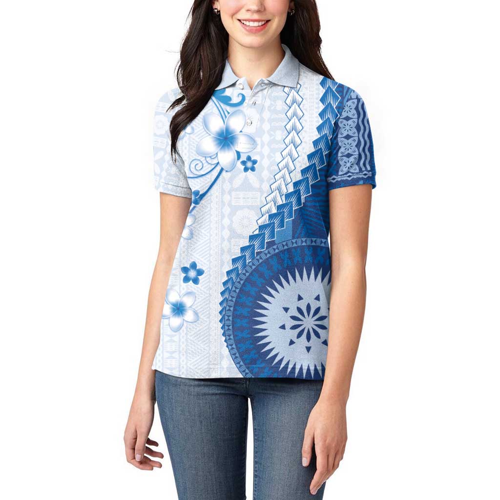 Bula Fiji Women Polo Shirt Blue Plumeria Masi Tapa Pattern - Polynesian Pride