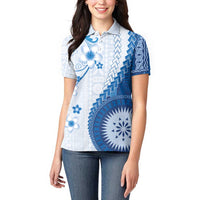 Bula Fiji Women Polo Shirt Blue Plumeria Masi Tapa Pattern - Polynesian Pride