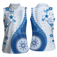 Bula Fiji Women Sleeveless Polo Shirt Blue Plumeria Masi Tapa Pattern - Polynesian Pride