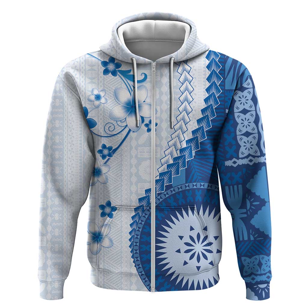 Bula Fiji Zip Hoodie Blue Plumeria Masi Tapa Pattern - Polynesian Pride