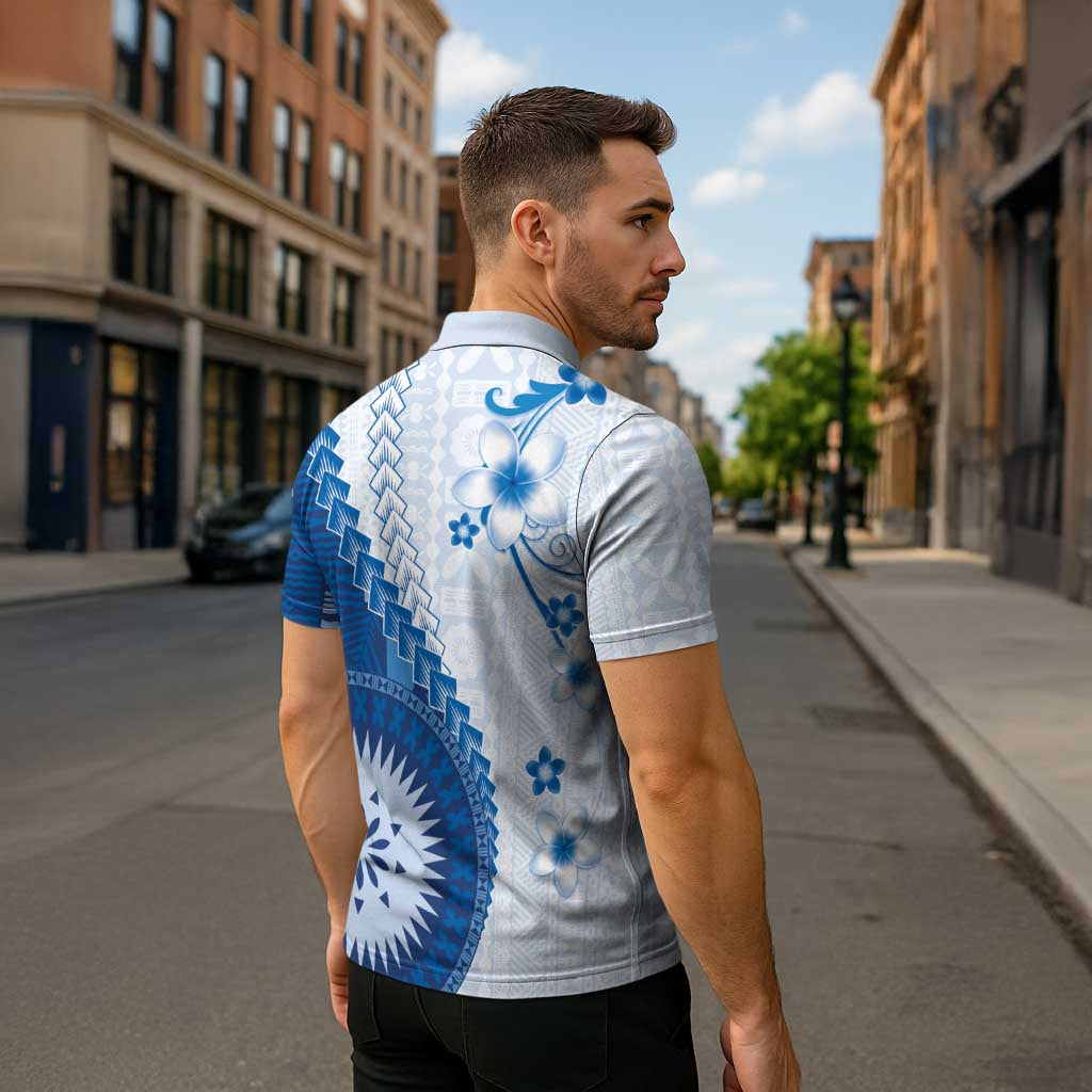 Bula Fiji Zipper Polo Shirt Blue Plumeria Masi Tapa Pattern - Polynesian Pride