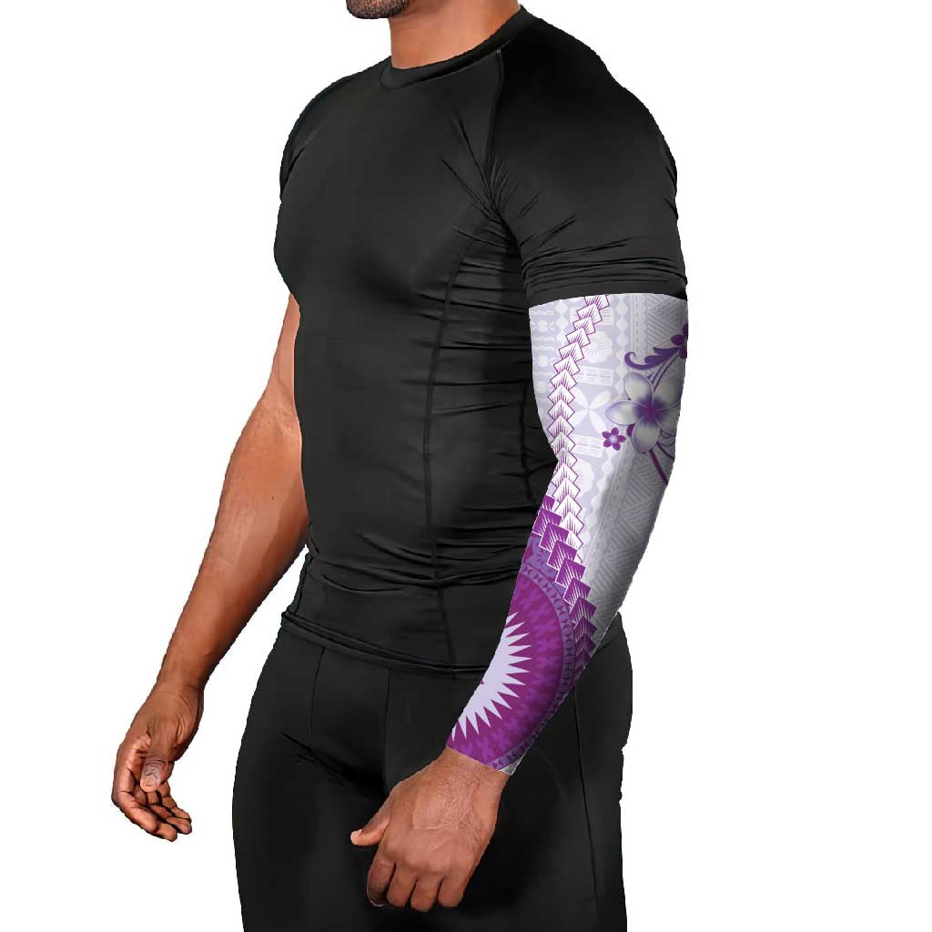 Bula Fiji Arm Sleeves Violet Plumeria Masi Tapa Pattern - Polynesian Pride