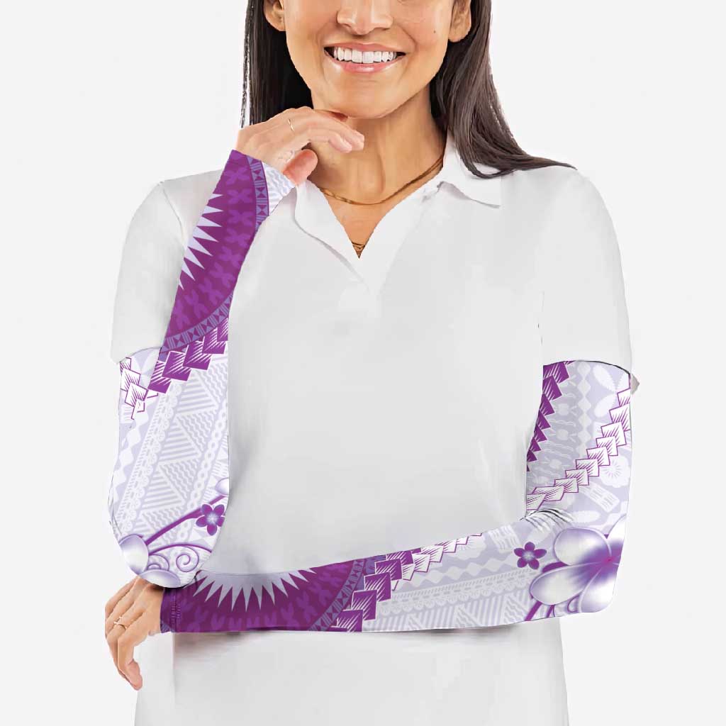 Bula Fiji Arm Sleeves Violet Plumeria Masi Tapa Pattern - Polynesian Pride