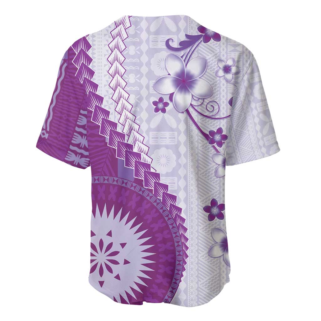 Bula Fiji Baseball Jersey Violet Plumeria Masi Tapa Pattern - Polynesian Pride