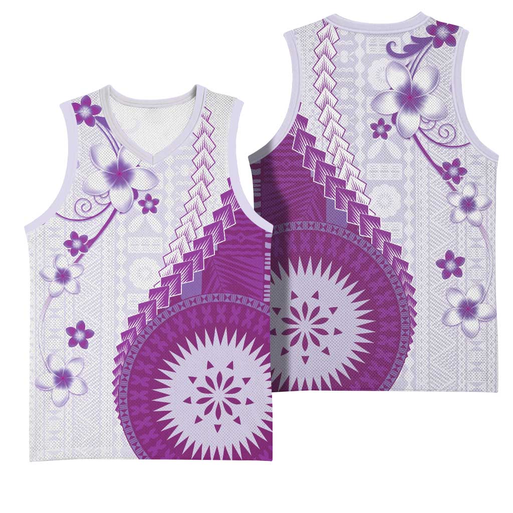 Bula Fiji Basketball Jersey Violet Plumeria Masi Tapa Pattern - Polynesian Pride