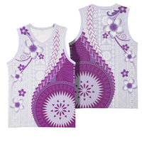 Bula Fiji Basketball Jersey Violet Plumeria Masi Tapa Pattern - Polynesian Pride