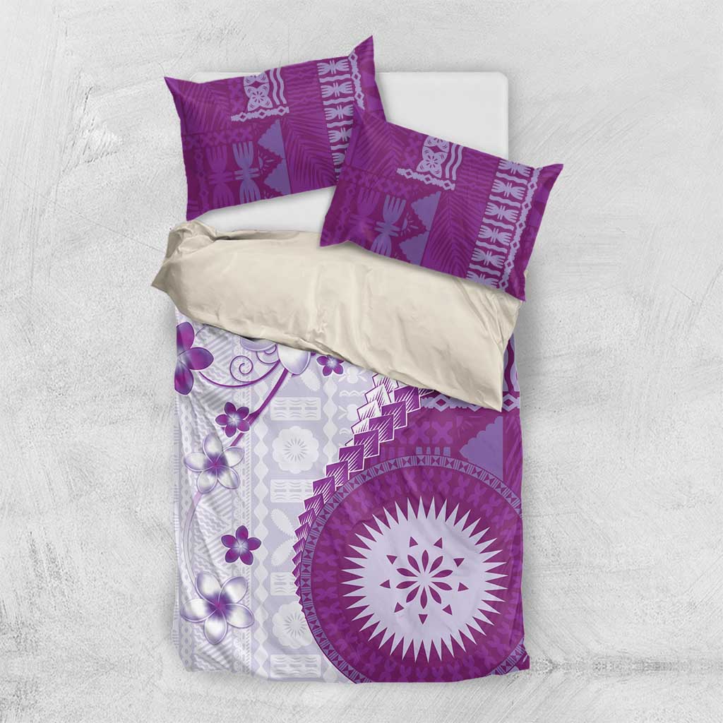 Bula Fiji Bedding Set Violet Plumeria Masi Tapa Pattern - Polynesian Pride