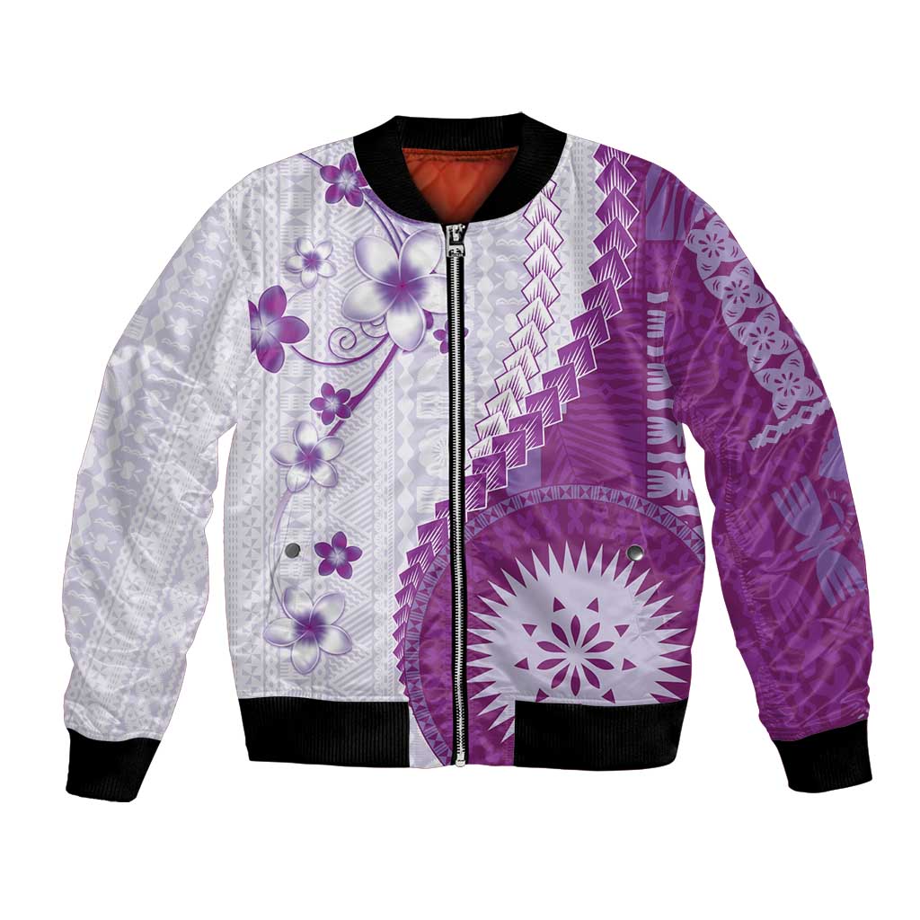 Bula Fiji Bomber Jacket Violet Plumeria Masi Tapa Pattern - Polynesian Pride