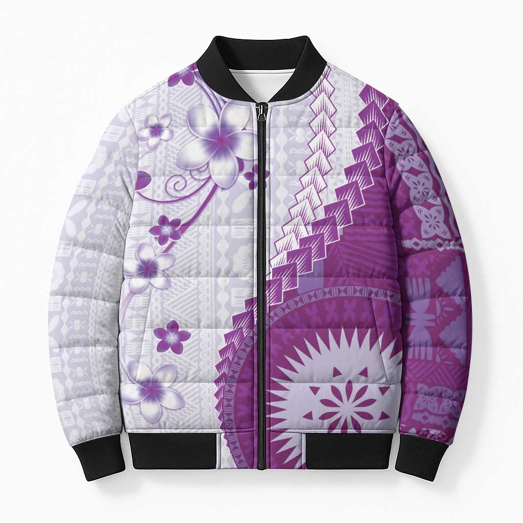 Bula Fiji Bomber Puffer Jacket Violet Plumeria Masi Tapa Pattern - Polynesian Pride