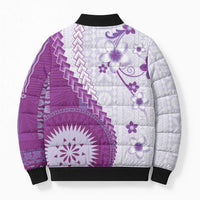 Bula Fiji Bomber Puffer Jacket Violet Plumeria Masi Tapa Pattern - Polynesian Pride