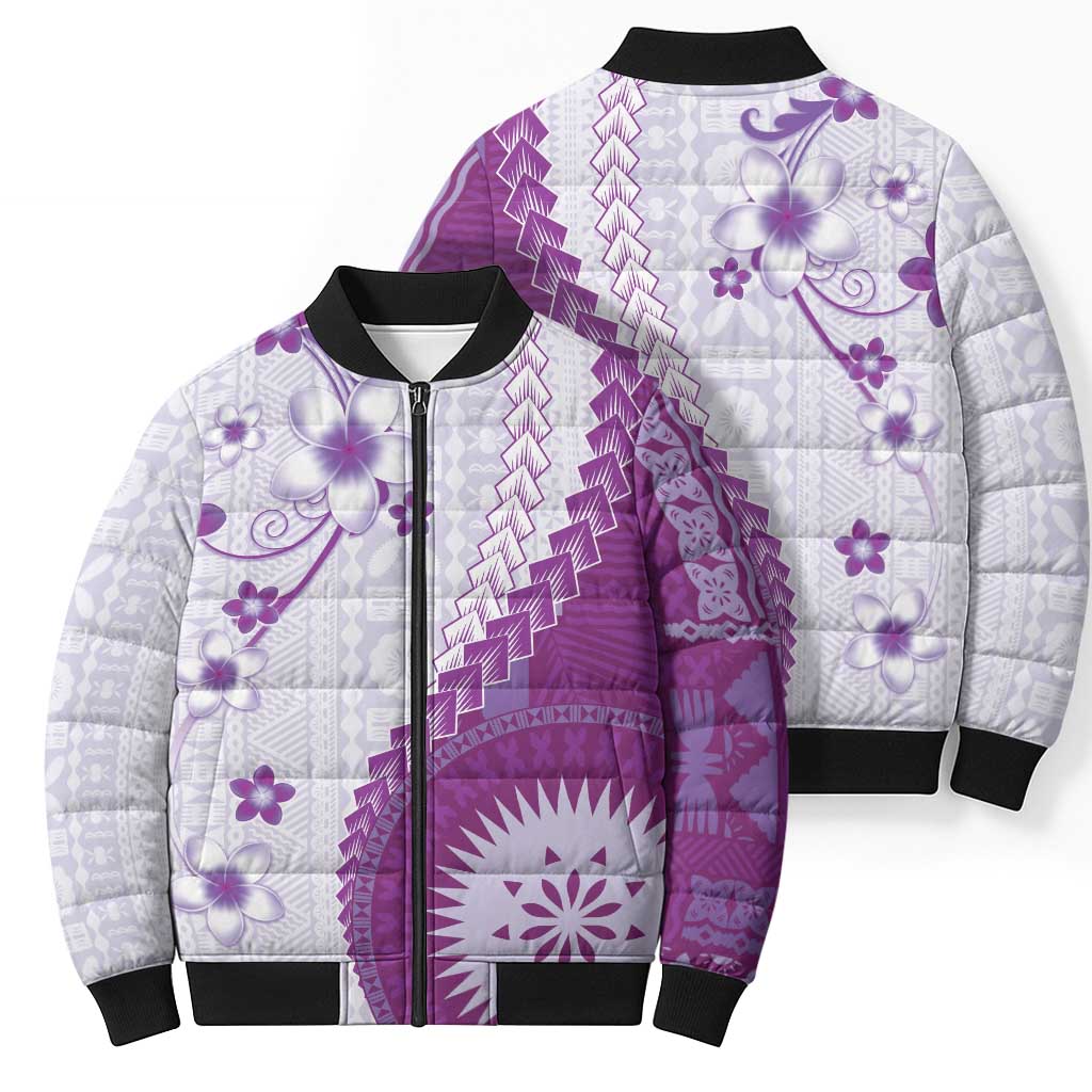 Bula Fiji Bomber Puffer Jacket Violet Plumeria Masi Tapa Pattern - Polynesian Pride