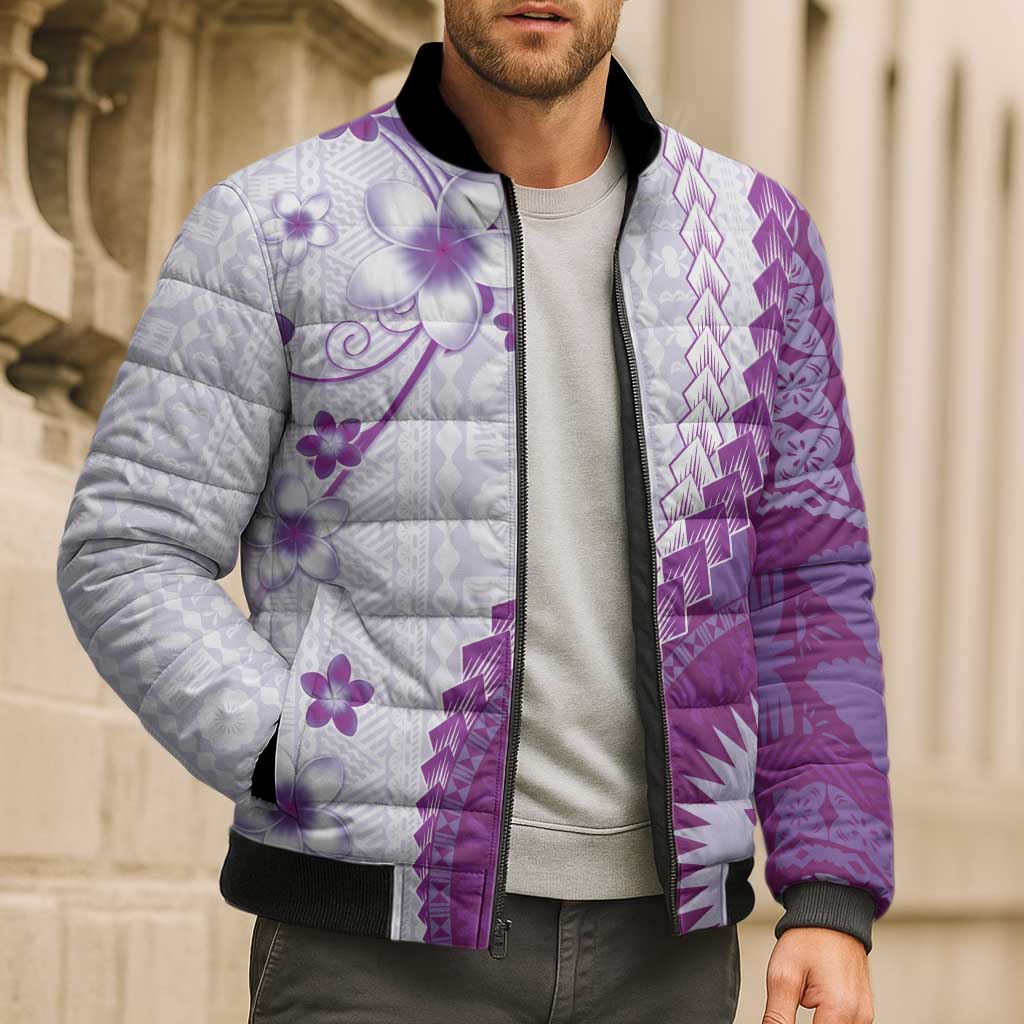 Bula Fiji Bomber Puffer Jacket Violet Plumeria Masi Tapa Pattern - Polynesian Pride