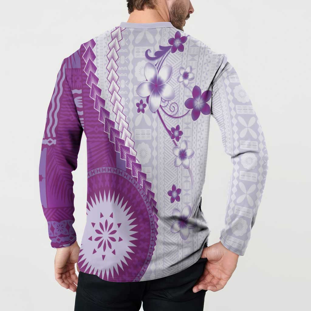Bula Fiji Button Sweatshirt Violet Plumeria Masi Tapa Pattern - Polynesian Pride