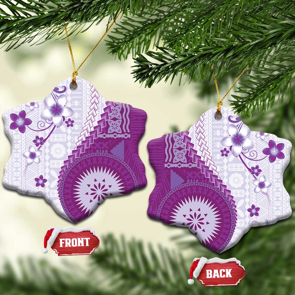 Bula Fiji Ceramic Ornament Violet Plumeria Masi Tapa Pattern - Polynesian Pride