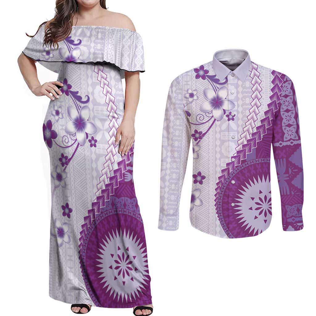 Bula Fiji Couples Matching Off Shoulder Maxi Dress and Long Sleeve Button Shirt Violet Plumeria Masi Tapa Pattern LT05 Violet - Polynesian Pride