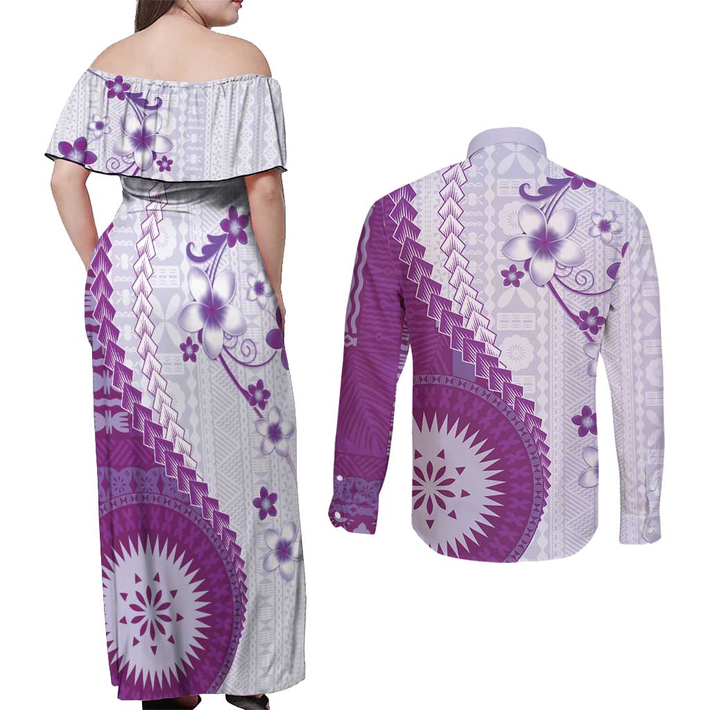 Bula Fiji Couples Matching Off Shoulder Maxi Dress and Long Sleeve Button Shirt Violet Plumeria Masi Tapa Pattern LT05 - Polynesian Pride