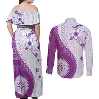 Bula Fiji Couples Matching Off Shoulder Maxi Dress and Long Sleeve Button Shirt Violet Plumeria Masi Tapa Pattern LT05 - Polynesian Pride