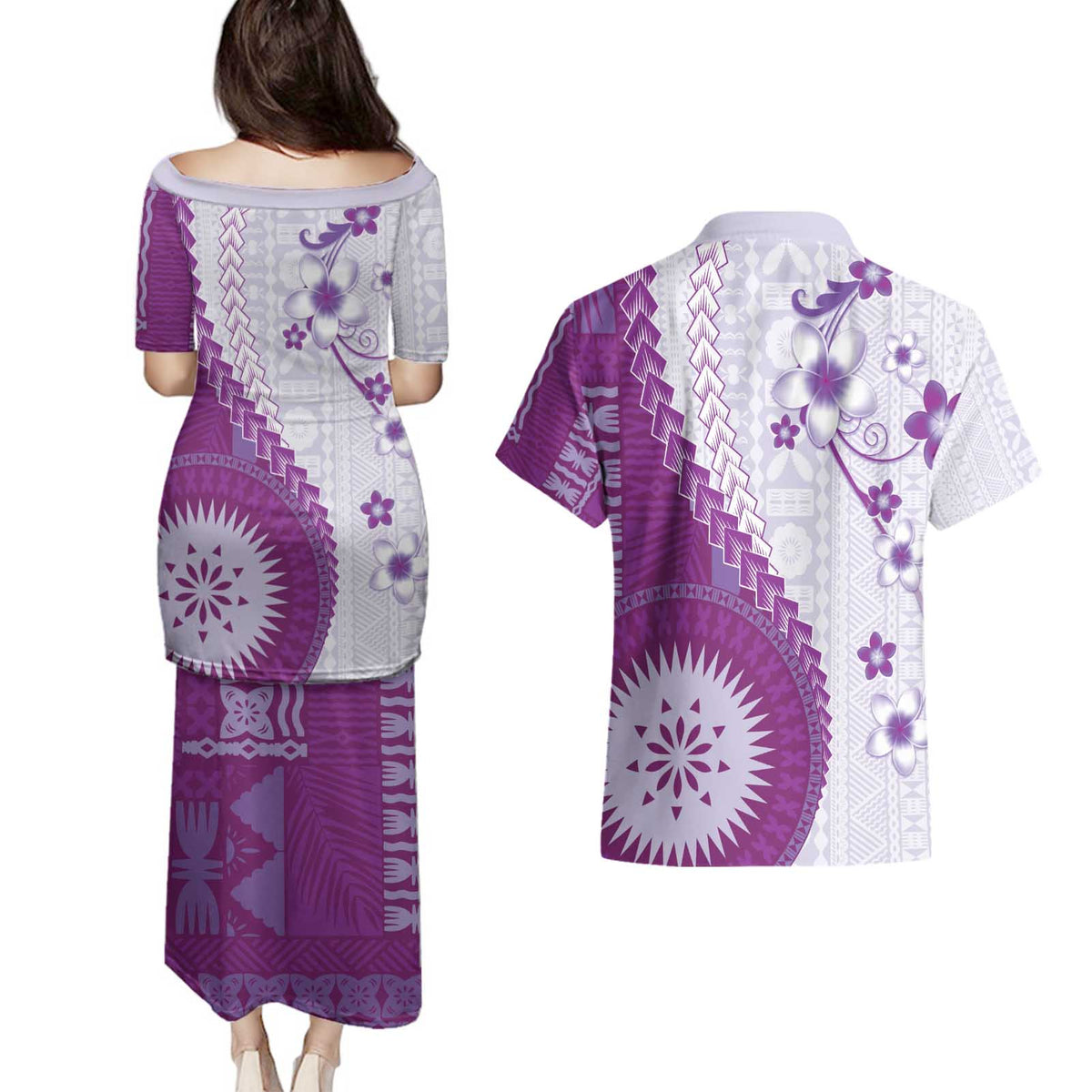 Bula Fiji Couples Matching Puletasi and Hawaiian Shirt Violet Plumeria Masi Tapa Pattern - Polynesian Pride