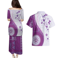 Bula Fiji Couples Matching Puletasi and Hawaiian Shirt Violet Plumeria Masi Tapa Pattern - Polynesian Pride