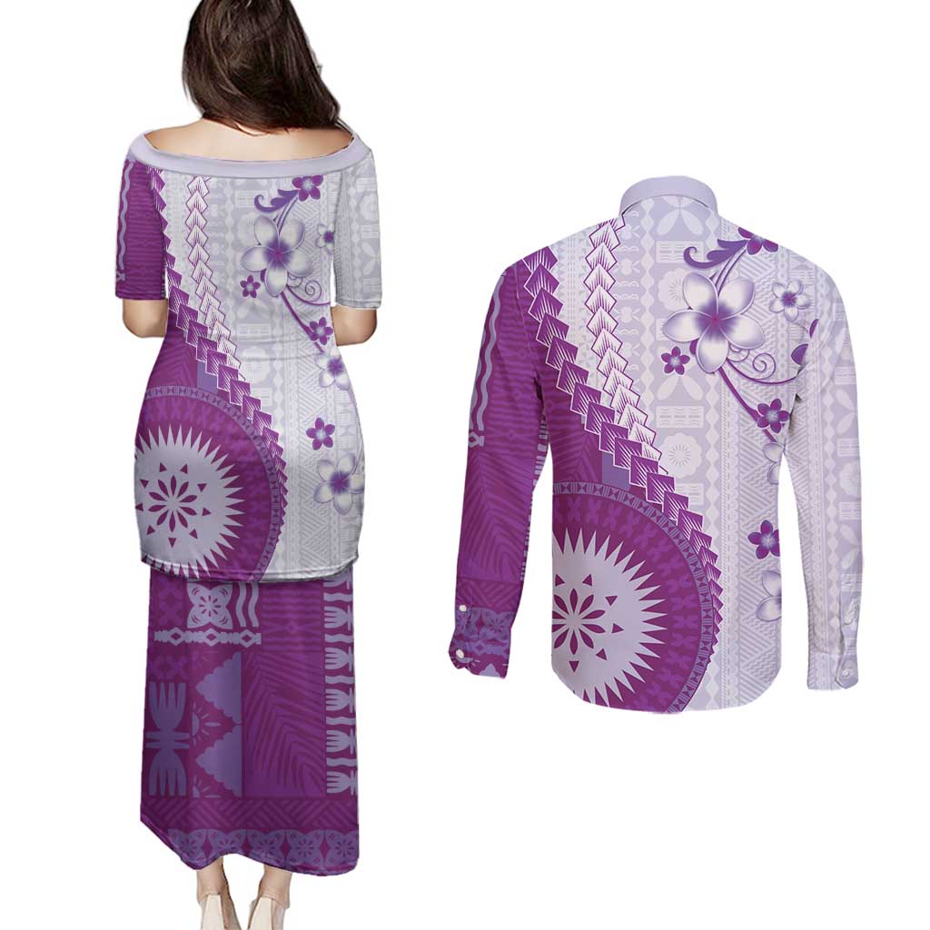 Bula Fiji Couples Matching Puletasi and Long Sleeve Button Shirt Violet Plumeria Masi Tapa Pattern - Polynesian Pride