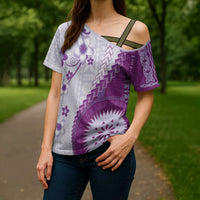 Bula Fiji Cross Shoulder Shirt Violet Plumeria Masi Tapa Pattern - Polynesian Pride