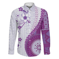 Bula Fiji Family Matching Off Shoulder Short Dress and Hawaiian Shirt Violet Plumeria Masi Tapa Pattern LT05 Dad's Shirt - Long Sleeve Violet - Polynesian Pride