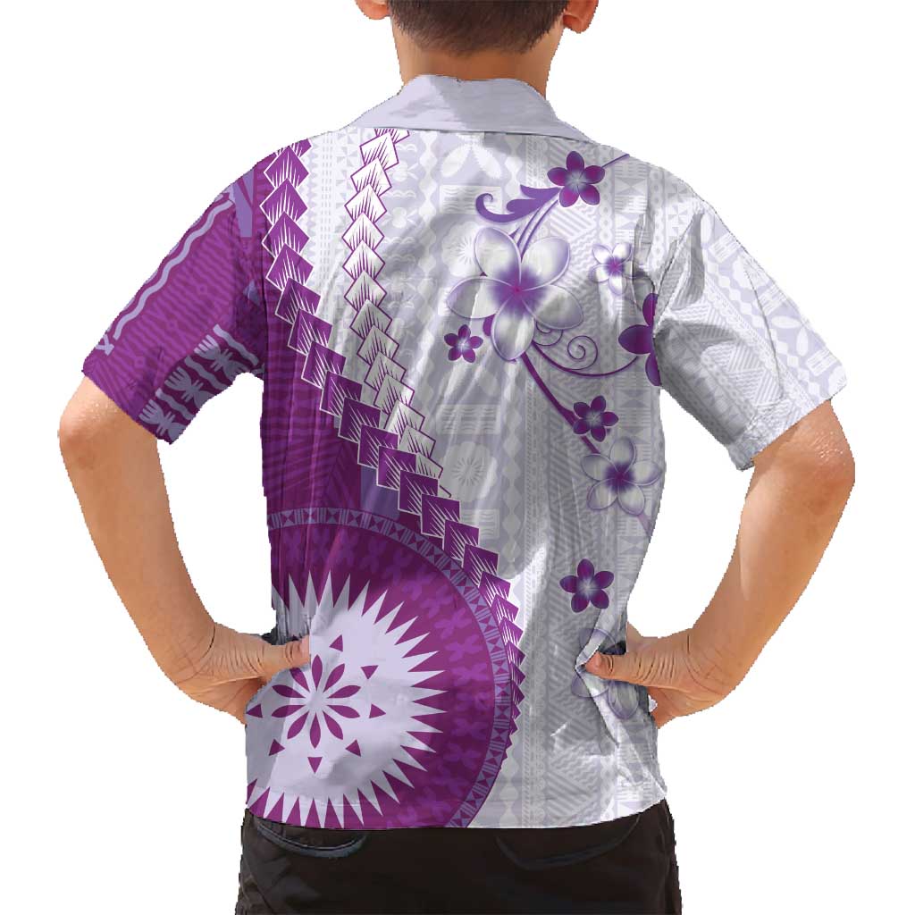 Bula Fiji Family Matching Puletasi and Hawaiian Shirt Violet Plumeria Masi Tapa Pattern - Polynesian Pride