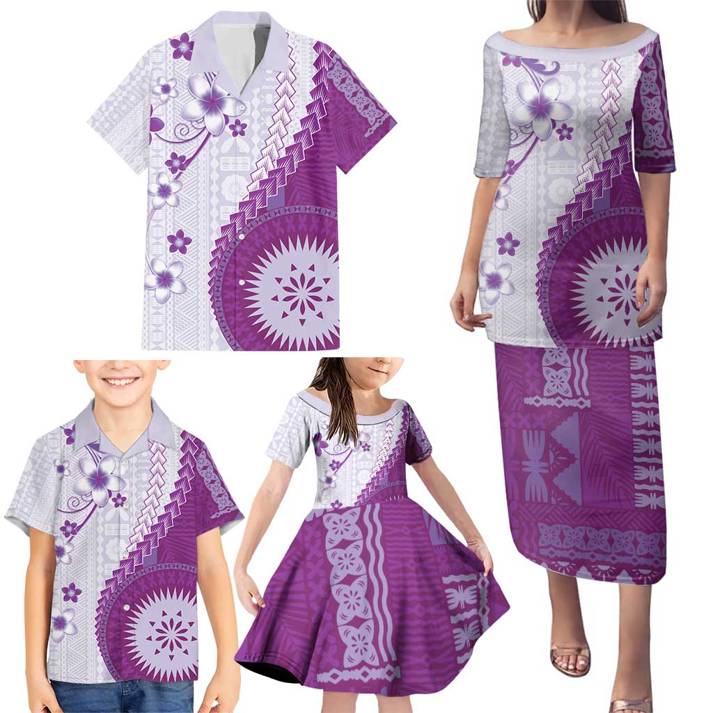 Bula Fiji Family Matching Puletasi and Hawaiian Shirt Violet Plumeria Masi Tapa Pattern - Polynesian Pride