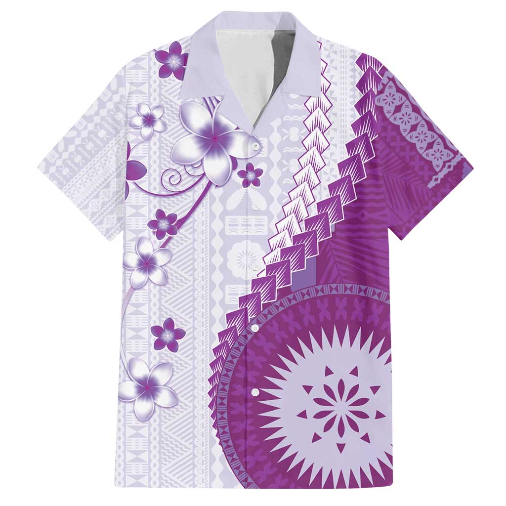 Bula Fiji Family Matching Puletasi and Hawaiian Shirt Violet Plumeria Masi Tapa Pattern - Polynesian Pride