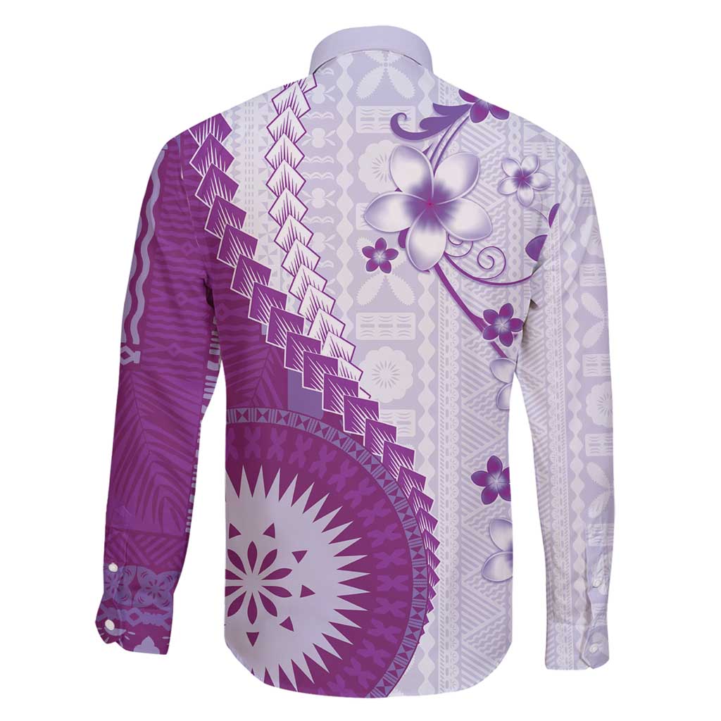 Bula Fiji Family Matching Puletasi and Hawaiian Shirt Violet Plumeria Masi Tapa Pattern - Polynesian Pride